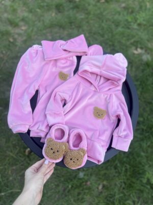 92 костюм оксамит рожевий з ведмедиком