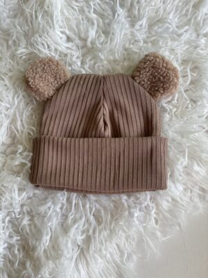 Шапочка біні мілкий рубчик мокко з вушками тедді