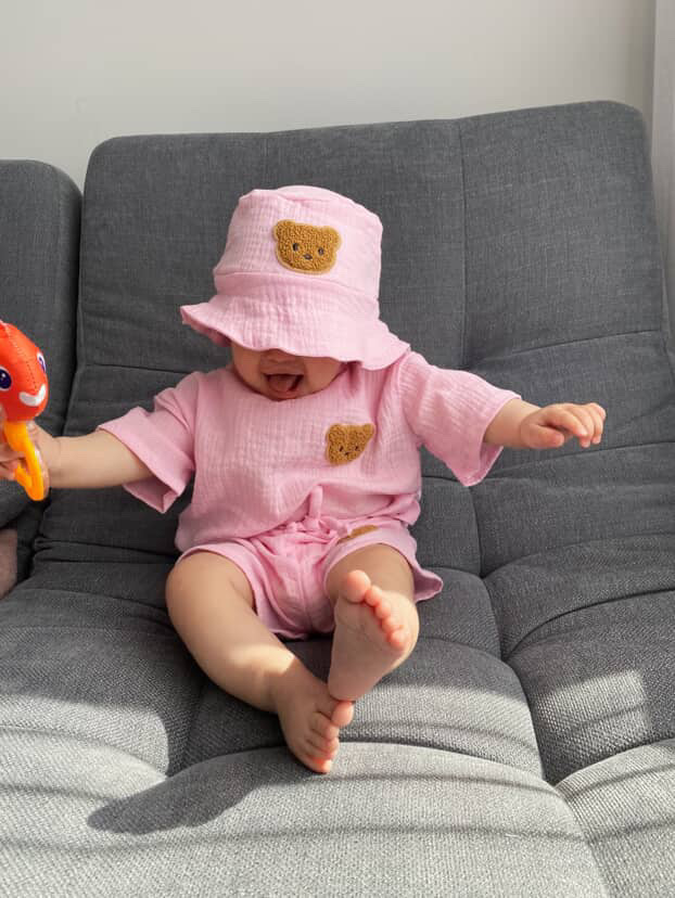 Костюм мусліновий рожевий шорти + футболка з ведмедиком Тедді