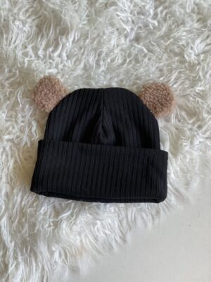 Шапочка біні чорна з вушками тедді коричневі широкий рубчик