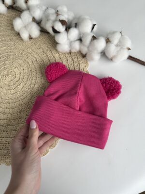 Шапочка біні малина з вушками тедді малина