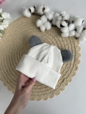 Шапочка біні молочна з вушками тедді сірі