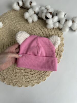 Шапочка біні рожева з вушками тедді молочні