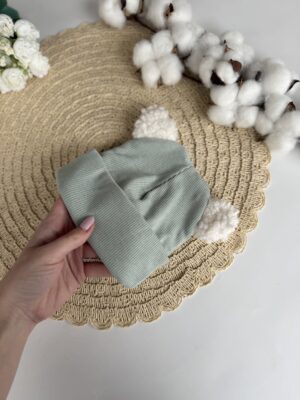 Шапочка біні фісташка з вушками тедді молочні