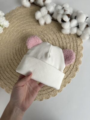 Шапочка біні мололчна з вушками тедді рожеві