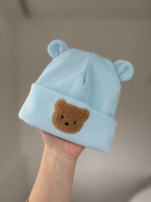 Шапочка біні блакитний в мілкий рубчик з вушками + ведмедик