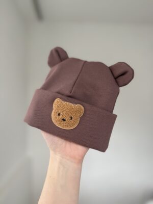 Шапочка біні мокко в мілкий рубчик з вушками + ведмедик