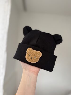 Шапочка біні чорна в мілкий рубчик з вушками + ведмедик