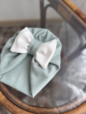 Чалма з бантиком двошарова фісташка + бант молочний