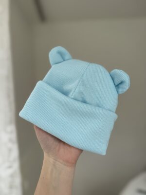 Шапочка біні блакитна з вушками ведмедика