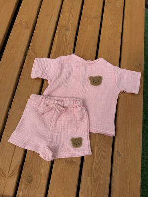 Костюм мусліновий персик шорти + футболка з ведмедиком Тедді
