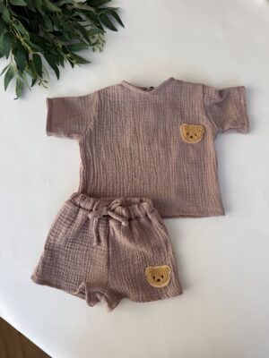 Костюм мусліновий коричневий шорти + футболка з ведмедиком Тедді
