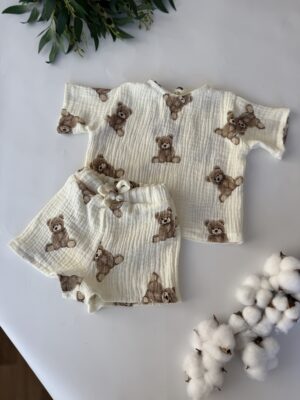 Костюм мусліновий принт ведмедики шорти + футболка