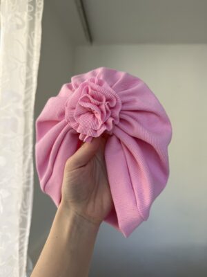 Чалма з квіточкою одношарова рожевий в мілкий рубчик