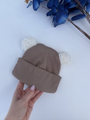 Шапочка біні рубчик мокко з вушками тедді молочними