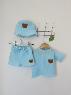 Костюм мусліновий бірюза шорти + футболка з ведмедиком Тедді