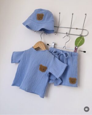 Костюм мусліновий блакитний шорти + футболка з ведмедиком Тедді